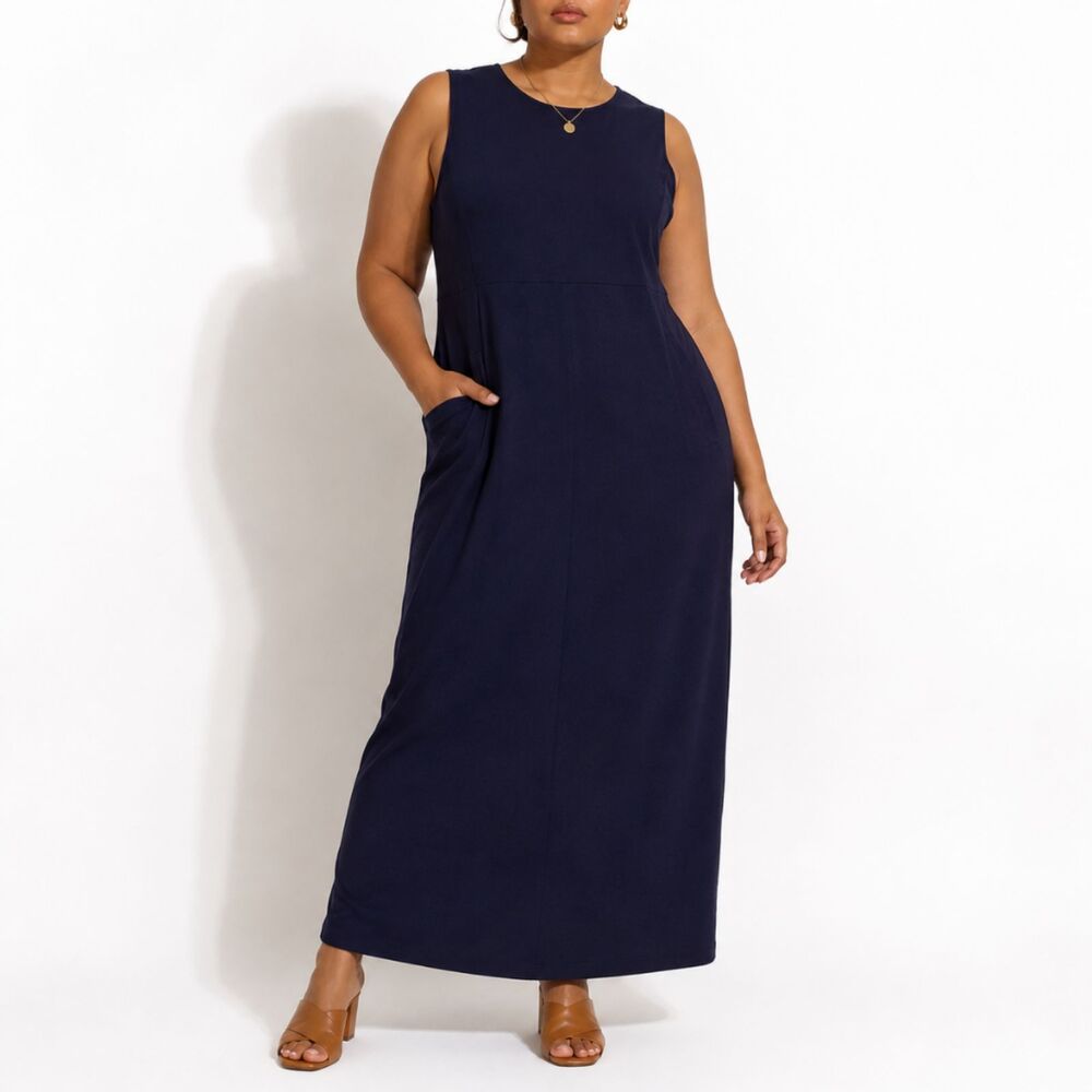 Lands' End Maxi Dress 18W Navy Blue Sleeveless Pockets Plus Size Long Stretch